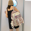 Women Canvas Patchwork Backpack Preppy Style Student Large Knapsack (Pink) Newly