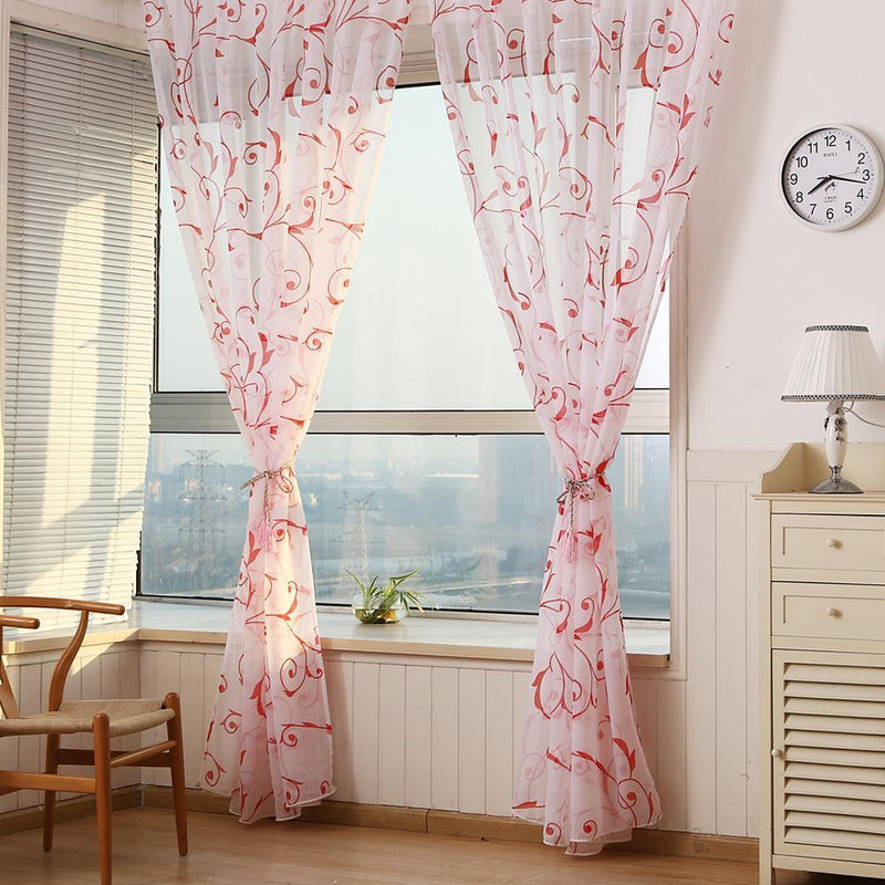 Transparent Voile Floral Print Curtains Bedroom Window Door Curtain (Red)