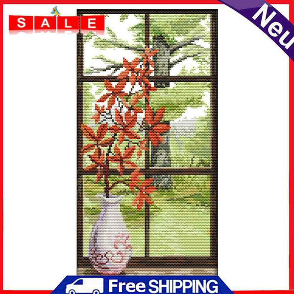Partial Cross Stitch Cotton Needlework Kit Printed Red Leaves Decor Handicraft