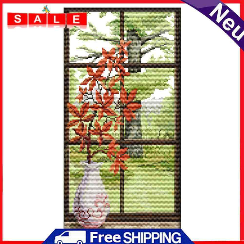 Partial Cross Stitch Cotton Needlework Kit Printed Red Leaves Decor Handicraft