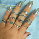 11 Pcs/set Bohemian Retro Crystal Flower Leaves Hollow Gem Set Ring R5C8