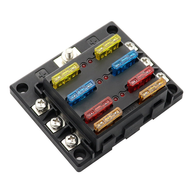 6-Way Blade Fuse Box Fuse Block Holder with Fuses for 12V 24V Car Marine Newly