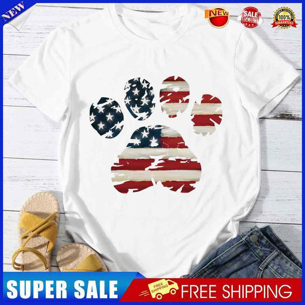 #A American Flag Dog Paw Print T-Shirt Summer Womens Top-013907