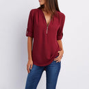 Autumn Zipper Solid Women Tops Long Sleeves Loose T-shirt (Wine Red XL)