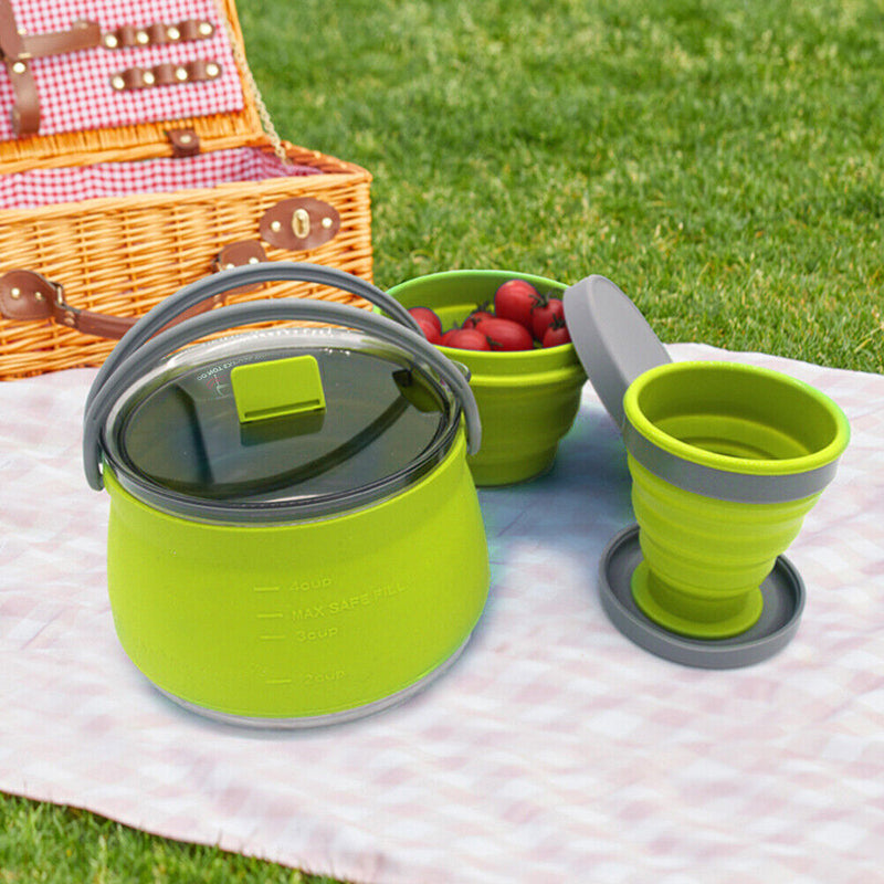 3pcs Silicone Folding Kettle Cup Set Portable Collapsible Tableware (Green)