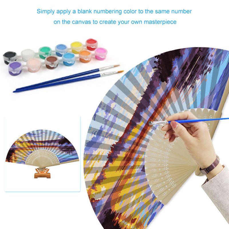 Lake Sunset Oil Paint Folding Fan By Numbers DIY Digital Oil Painting Fan Crafts