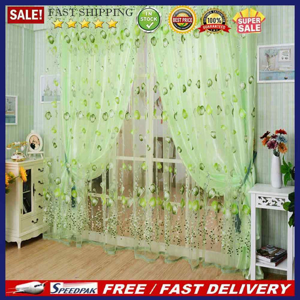 2pcs Tulip Flower Yarn Sheer Window Curtain Scarf Drapes (Green)
