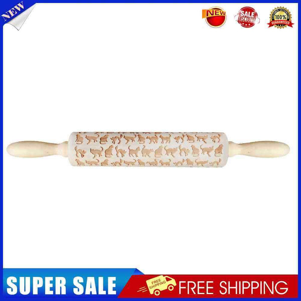 Cute Animal Wood Embossing Rolling Pin for DIY Baking Cookies Cake (Cat)