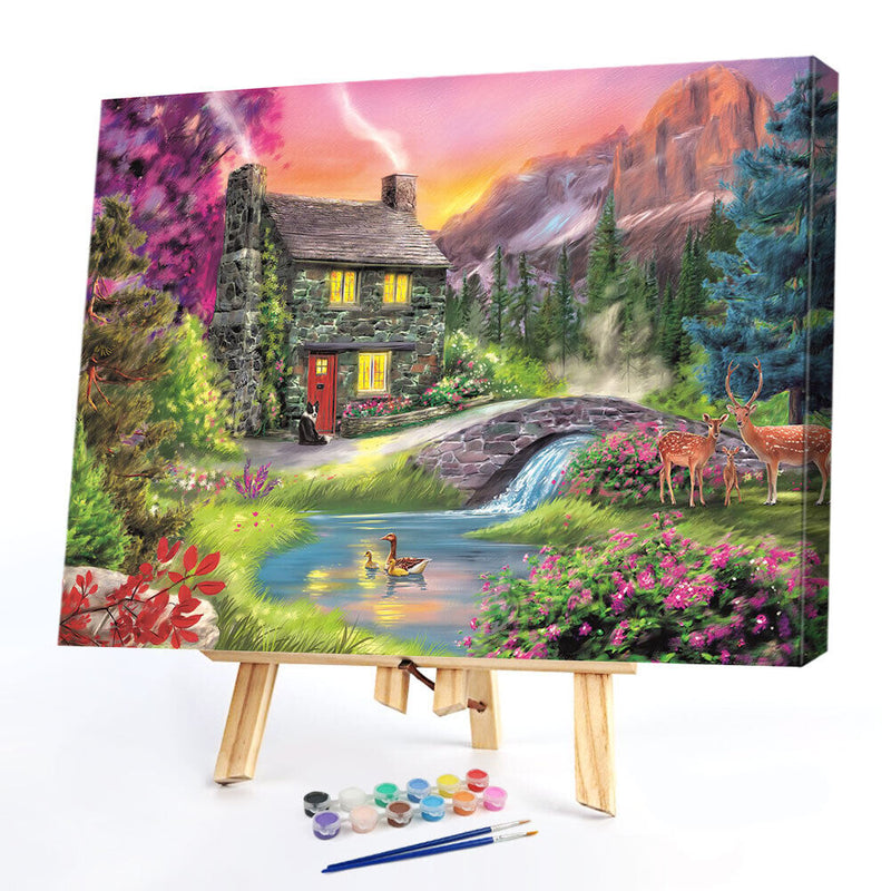 Woods Hut Deer Oil Paint By Numbers DIY Canvas Wall Art Picture Craft Home Decor