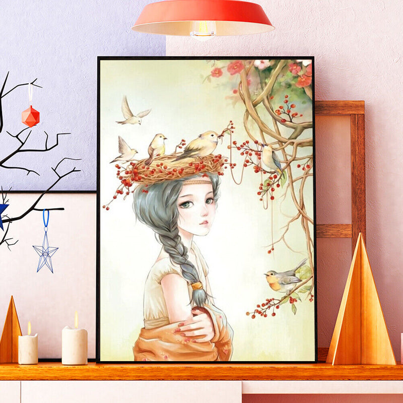 DIY Digital Oil Painting Kit Girl with Birds Abstract Acrylic Paint by Numbers