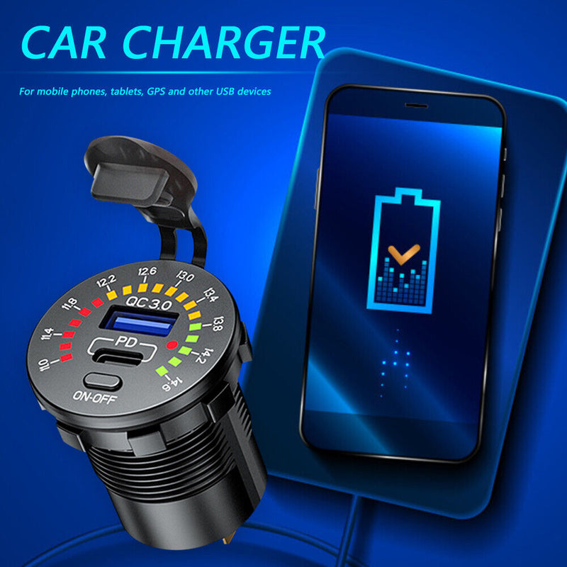 Car USB Charger Quick Charge 3.0 PD USB Type C Power Adapter with On/Off Switch