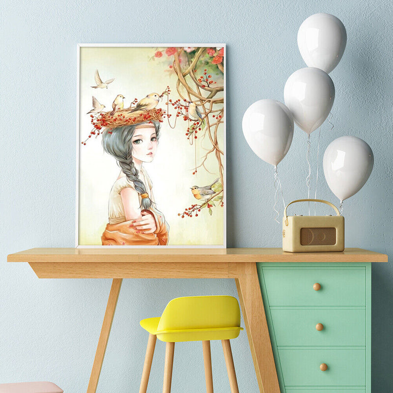DIY Digital Oil Painting Kit Girl with Birds Abstract Acrylic Paint by Numbers