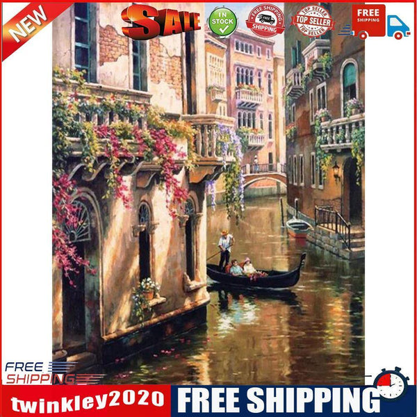 Hand Paint Painting By Numbers Kit River of The Town Oil DIY Canvas Drawing