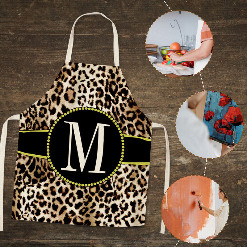 Leopard M Printed Linen Apron Waterproof Kitchen Bibs Pinafore (82X68CM)