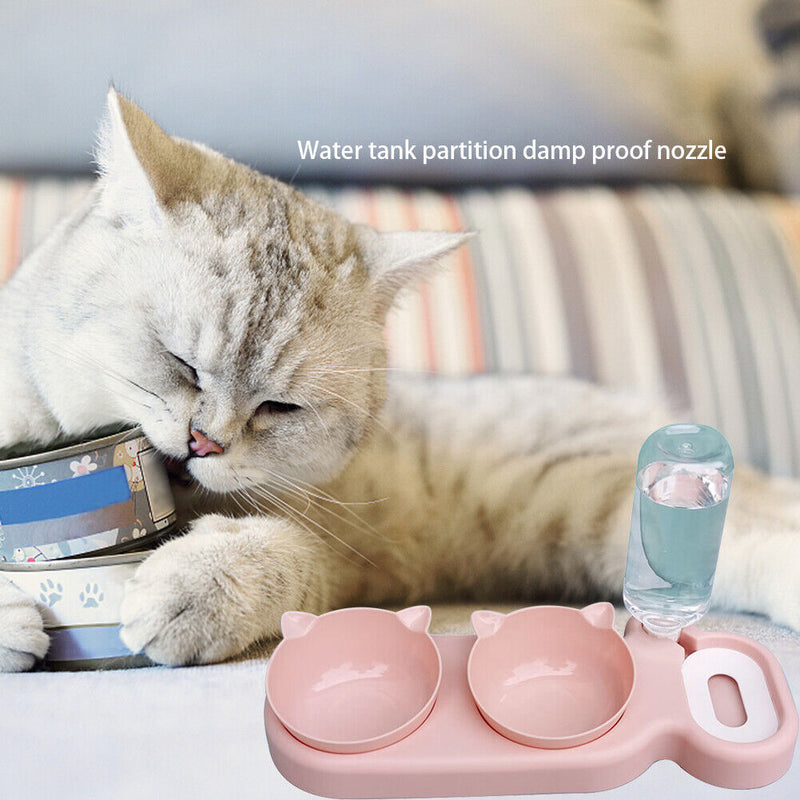 Pet Cat Double Bowl Automatic Feeder Food Drinking Water Fountain (Pink)