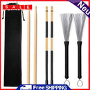 1 Pair Drum Steel Wire Brushes Wood Drumsticks + Rods Set Percussion Instrument