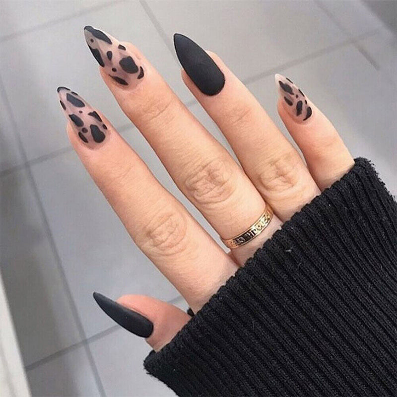 Women Fashion Black Matte Full Cover Leopard False Nail Tips Stiletto With Glue
