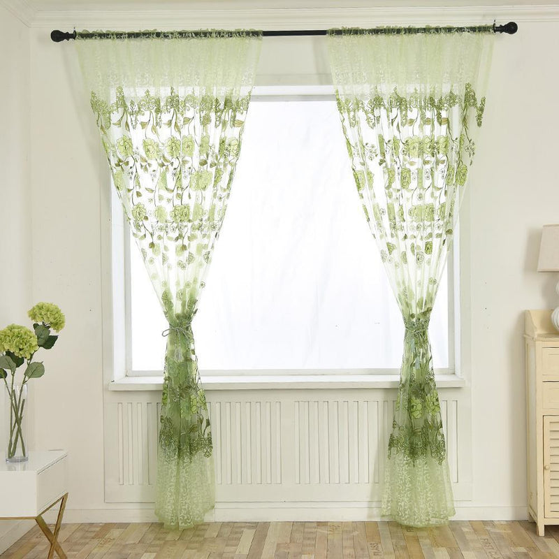Peony Flower Offset Printing Curtain Yarn Tulle Curtain for Decor(Green)
