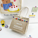 Fashion Linen Tote Handbag Women Pompom Shoulder Shopping Lunch Bag (White)
