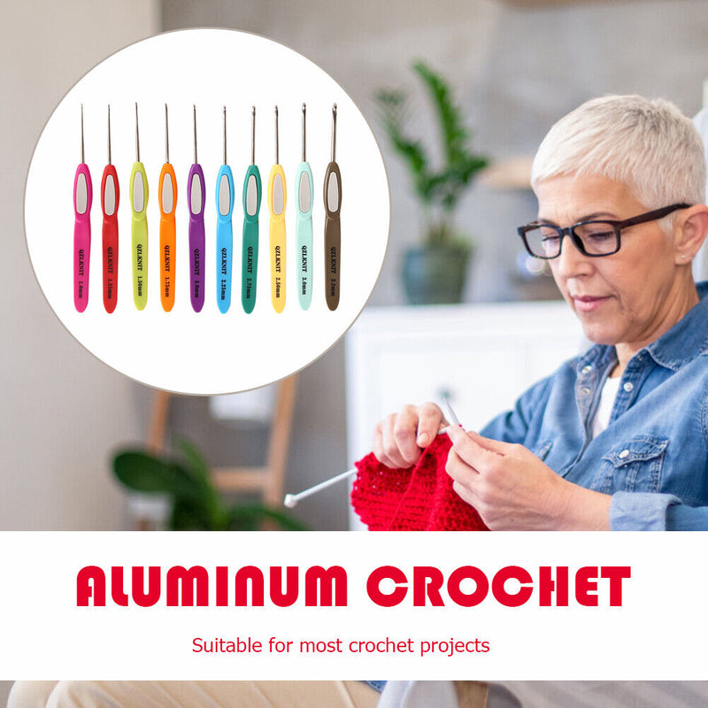 10pcs Plastic Handle Aluminum Crochet Hooks Yarn Knitting Needle Set for Sweater