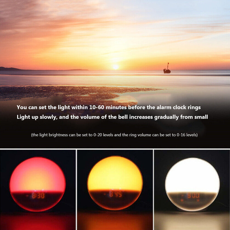 Smart Wake Up Digital Clock 7 Colors Sunrise Sunset FM Radio Table Light