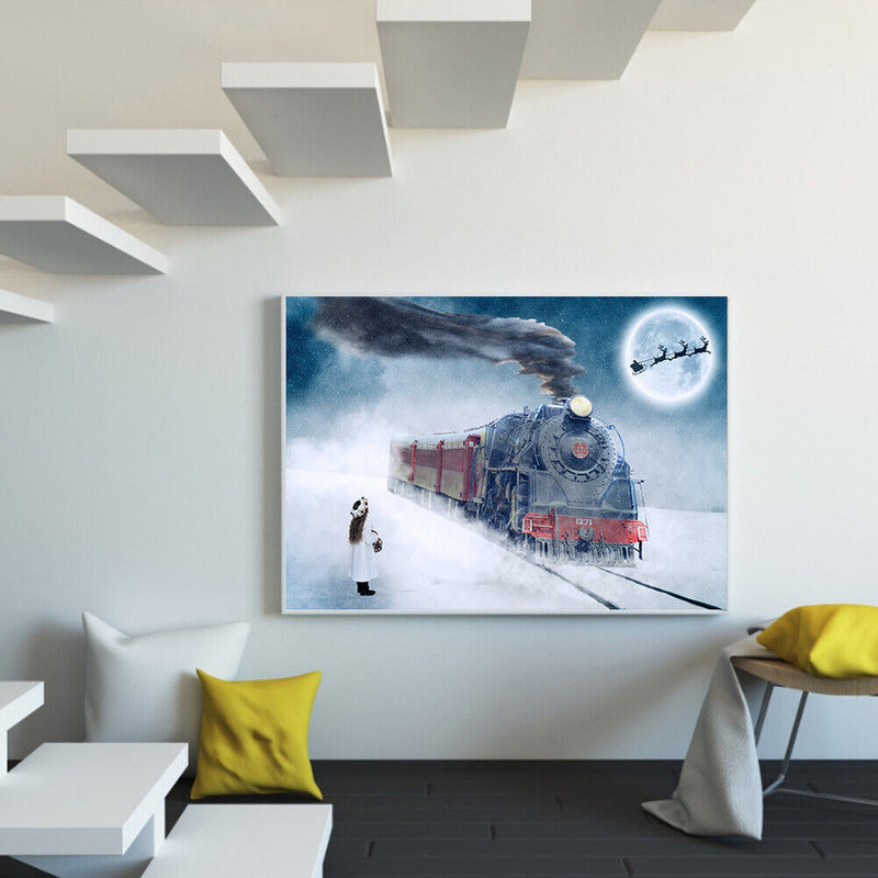 Frameless Oil Paint By Numbers DIY Snow Train Picture Craft Kit for Living Room