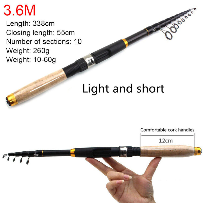 Ultra Short Telescopic Mini Spinning Fishing Rod Carbon Fiber Pole (3.6m)
