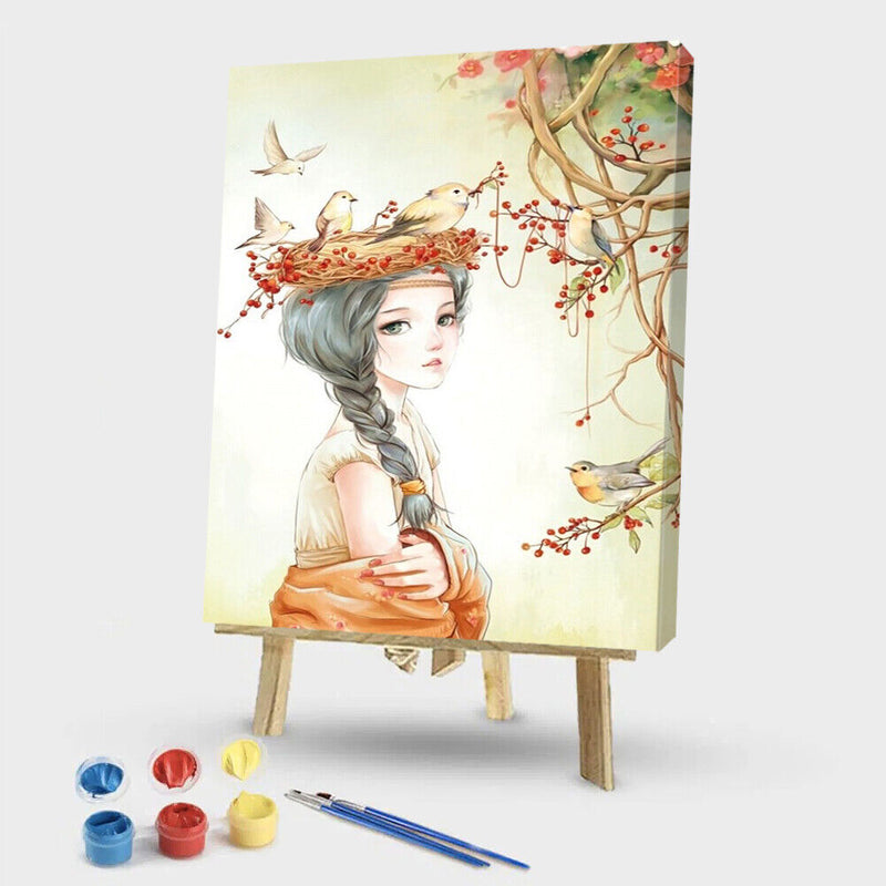 DIY Digital Oil Painting Kit Girl with Birds Abstract Acrylic Paint by Numbers