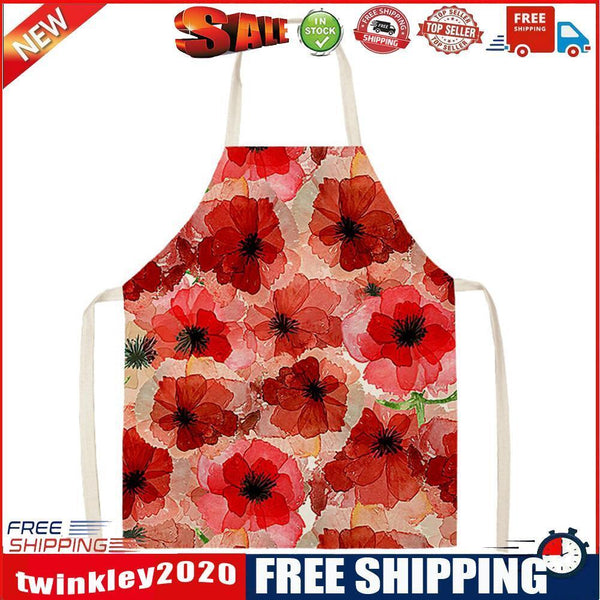 Red Flower Print Apron Linen Waterproof Bibs Kitchen Pinafore (82x68cm)