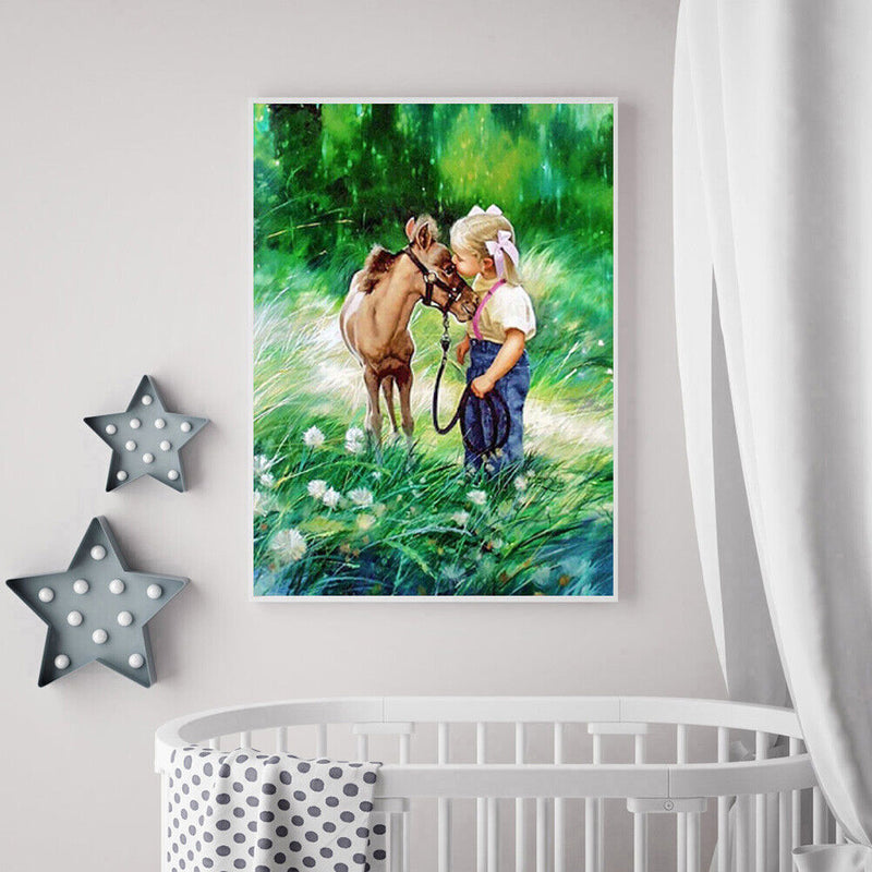 5D Round Diamond Painting Cross Stitch Donkey and Girl Full Drill Home Decor