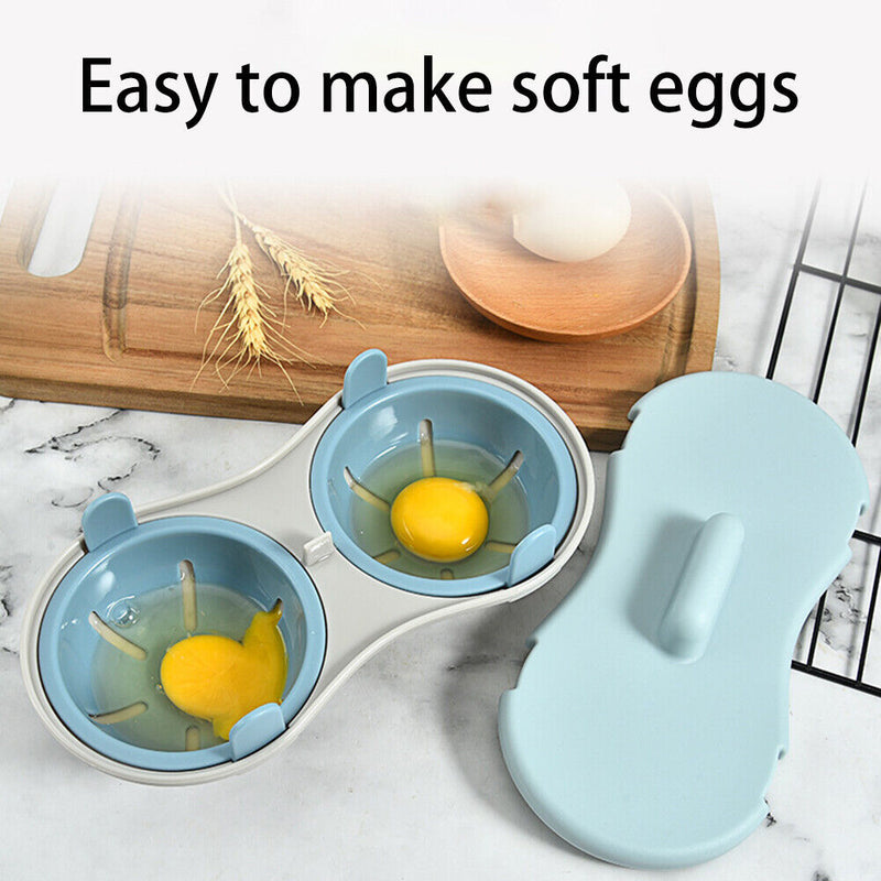 Microwave Egg Poacher 2 Cavity Boiled Egg Box Kitchen Cooking Gadget (Blue)