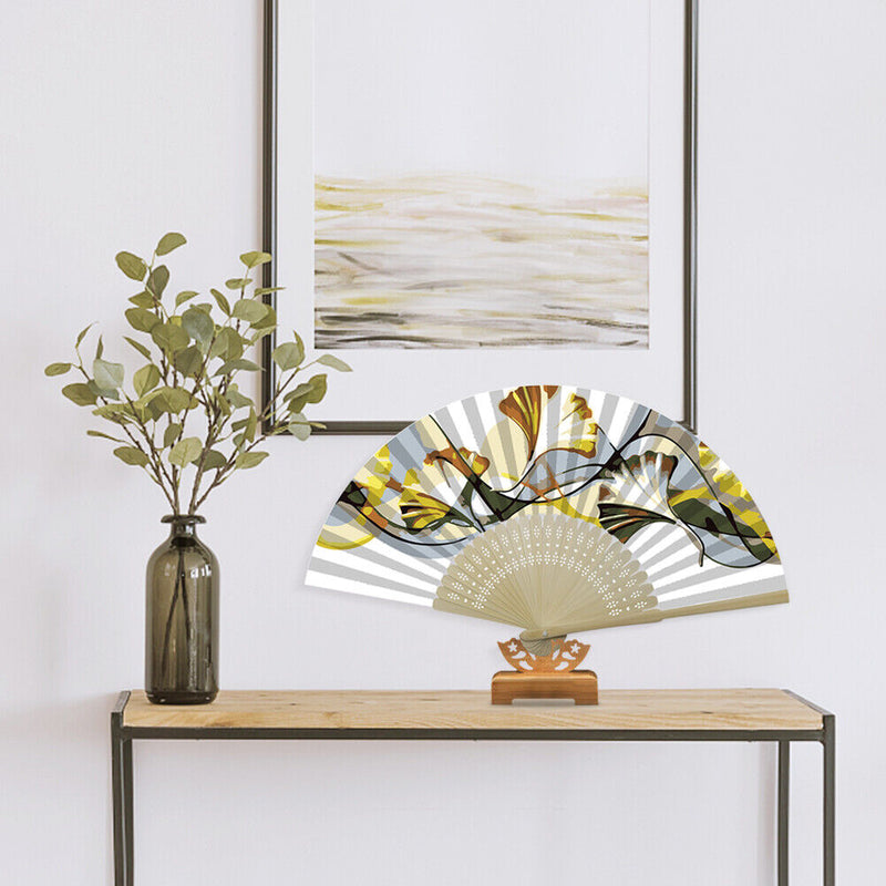 Handmade Oil Painting Ginkgo Leaf Folding Fan By Numbers DIY Painted Craft