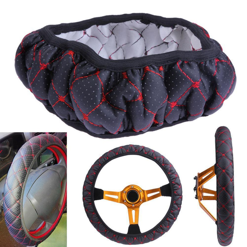 Elastic Black/Red Embroidered Cover for 38cm Diameter Car Steering Wheel Newly