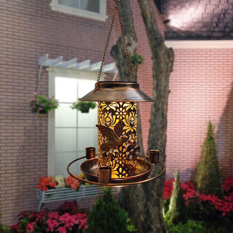 Solar Bird Feeder LED Light Metal Hanging Garden Yard Backyard Decor Lanterns