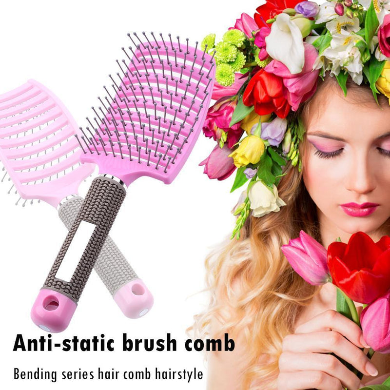 Plastic Nylon Anti-Static Hair Brush Curved Row Scalp Massager Comb (Pink)