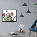 14CT Printed Partial Cross Stitch Handcraft Flower Cat Artwork Wall Decor