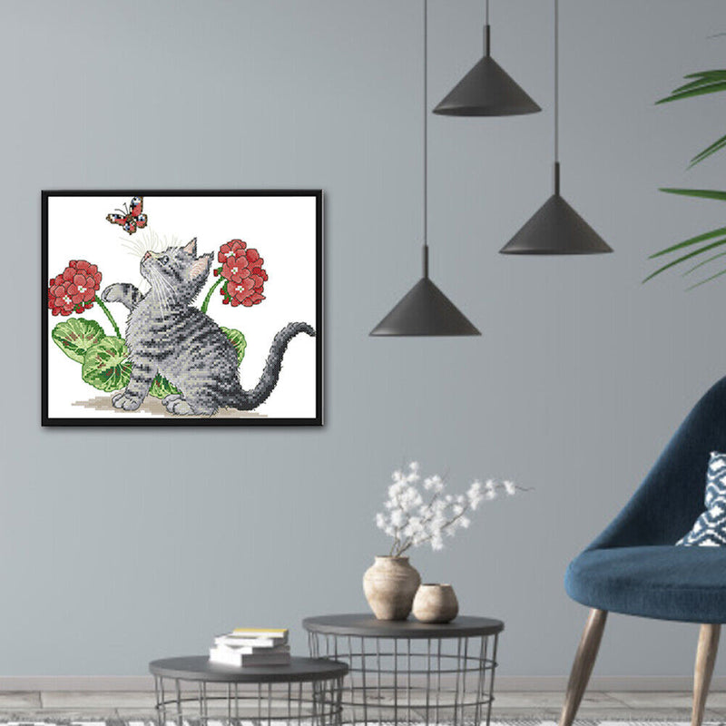 14CT Printed Partial Cross Stitch Handcraft Flower Cat Artwork Wall Decor