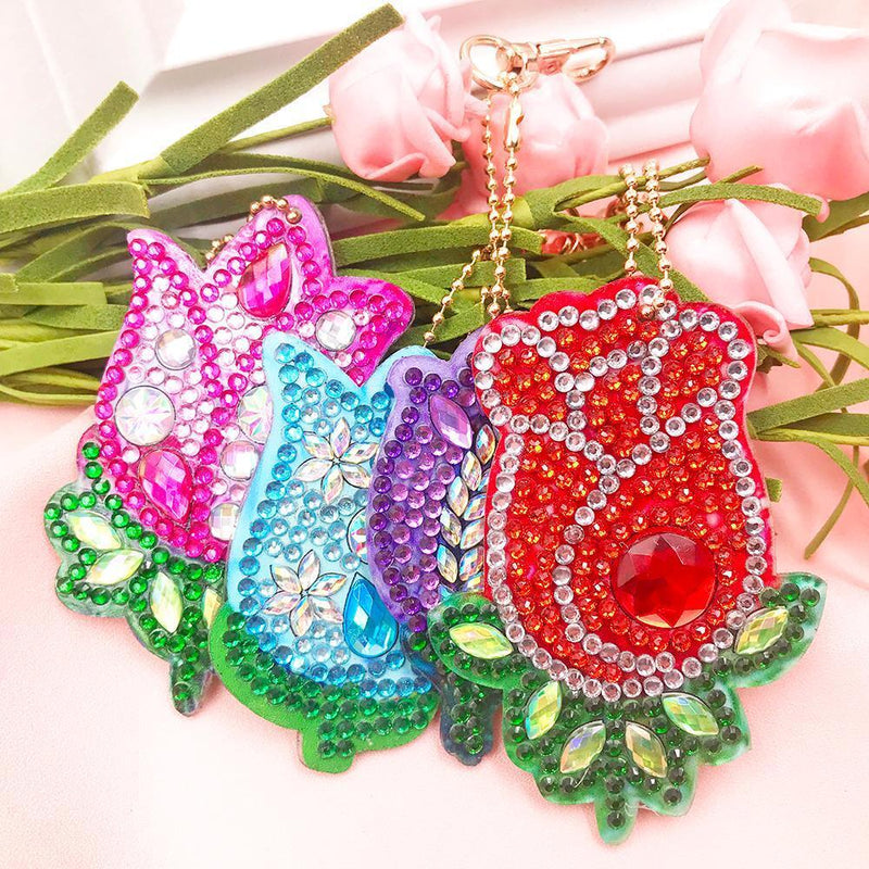 4pcs DIY Flowers Full Drill Special Shaped Diamond Painting Bag Keychain Jewelry
