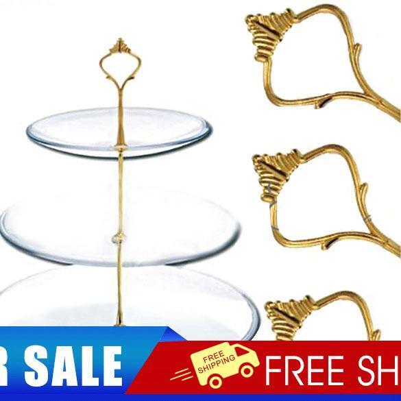 5 Set of 3 Tier Three Layers Cake Plate Stand Holder Crown Metal Rod Golden