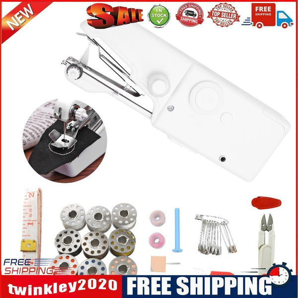 Portable Mini Handheld Electric Sewing Machine Set w/Pins Scissors Bobbins