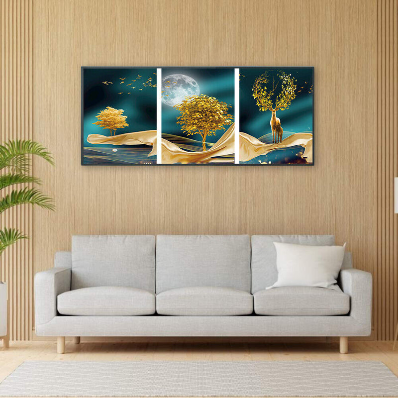 Canvas Paint By Numbers Golden Deer 3 Panel Oil Hand Painted Home Drawing Kit