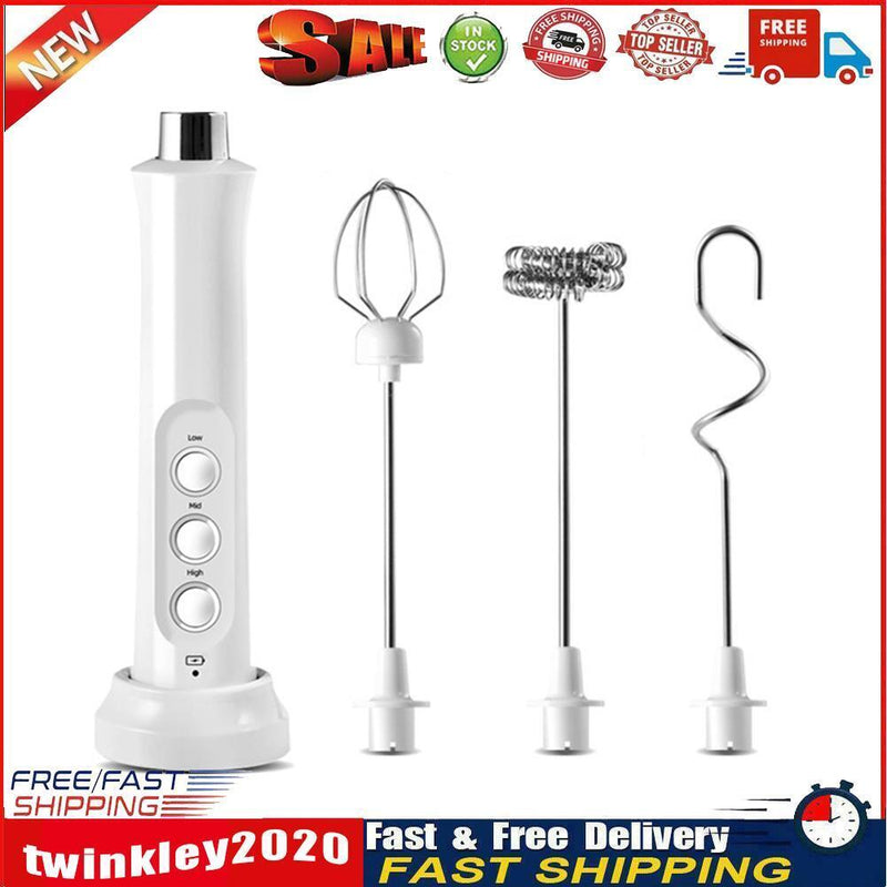 USB Electric Milk Frother 3 Whisk Coffee Foamer Handheld Egg Mixer (White) Newly