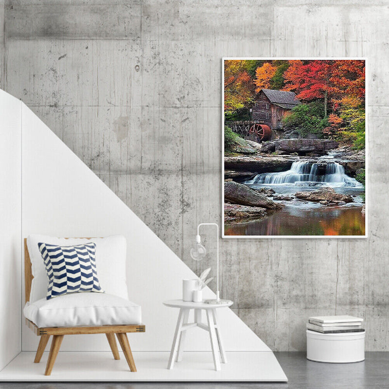 Hut by Waterfall Oil Paint By Numbers DIY Handpainted on Canvas Wall Art