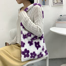 Women Plush Flower Pattern Handbag Lady Warm Large Shoulder Bag (Purple)