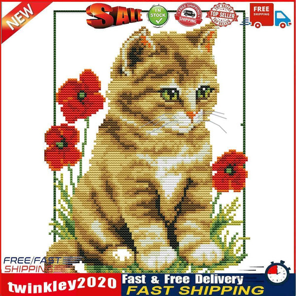 DIY Needlework 11CT Art Stamped Canvas Kit Cross Stitch Craft (Cat) Newly