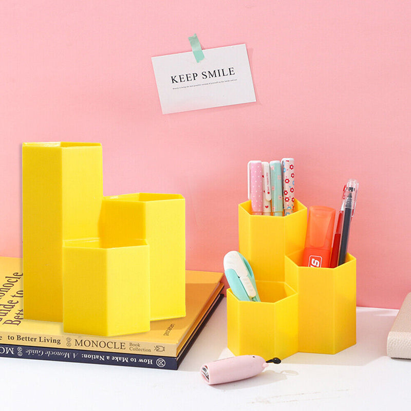 3 Lattices Makeup Brush Storage Box Cosmetics Pen Holder Organizer (Yellow)