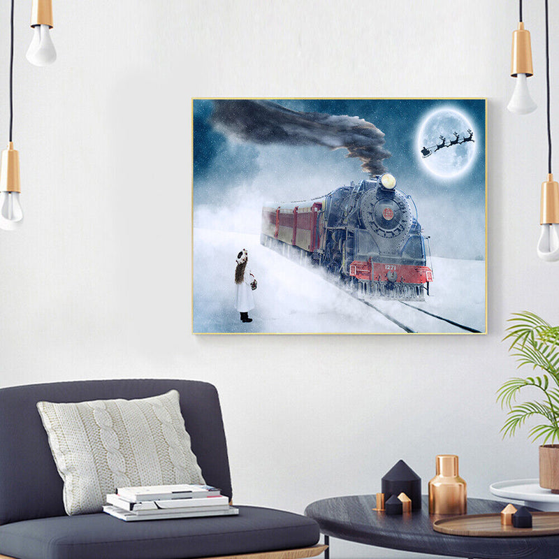 Frameless Oil Paint By Numbers DIY Snow Train Picture Craft Kit for Living Room
