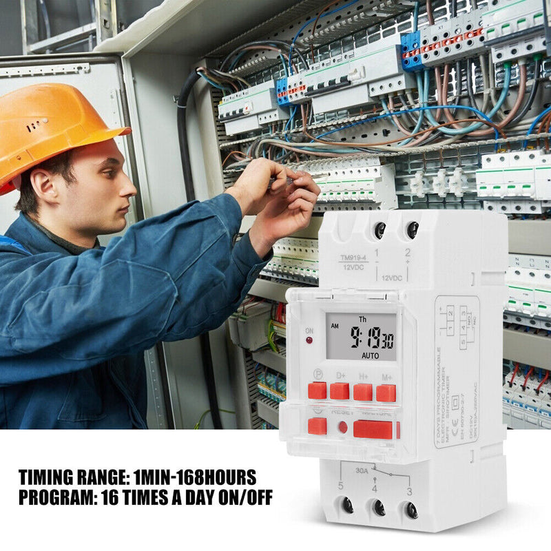TM919B-4 30A Din Rail Weekly Programmable Digital Timer Relay Switch (12V) Newly
