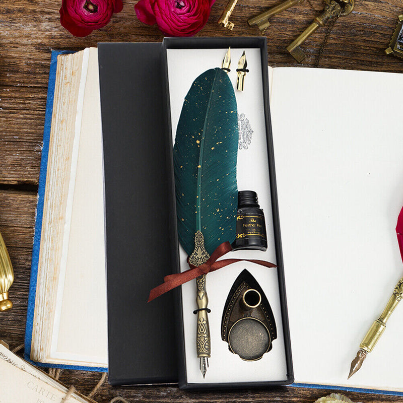 Calligraphy Feather Dip Pen with 2 Nib Set Quill Fountain Writing Pen Gift