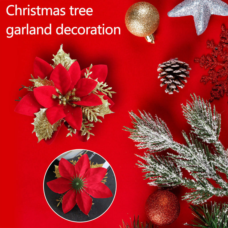 Christmas Trees Decor Glitter Artificial Poinsettia Bush Wreath (Red) Newly